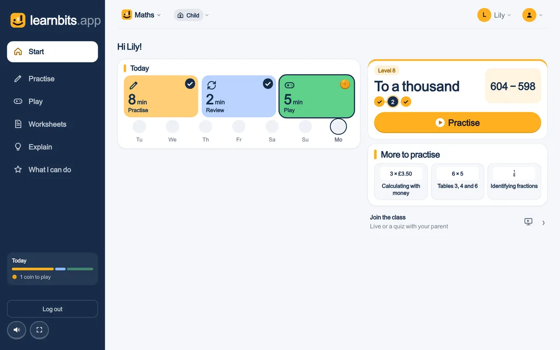 A child’s Start page on a laptop: the subject, the level and the Practise button.