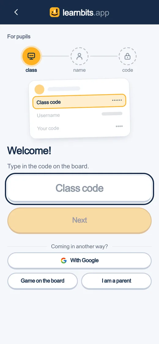 The pupil door on a phone: the box for the class code, and Next.