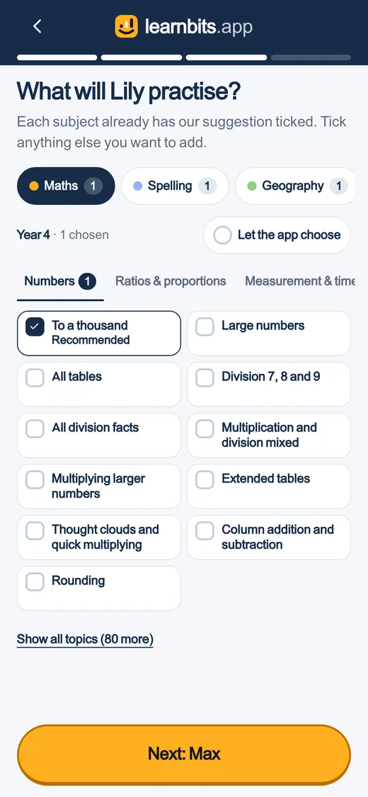On a phone: the topics for the child’s year, per subject, with tick boxes.