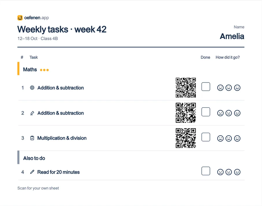 Daan’s overview sheet for week 42: a QR code, a box and three smileys per task.