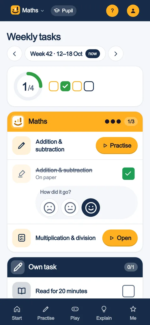 Weekly tasks on a pupil’s phone: the tasks per subject, with Open, a tick and three smileys.